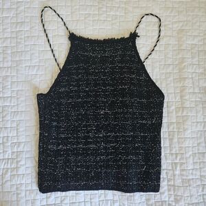ZARA - Black Tweed Knit Beaded Halter Crop Top